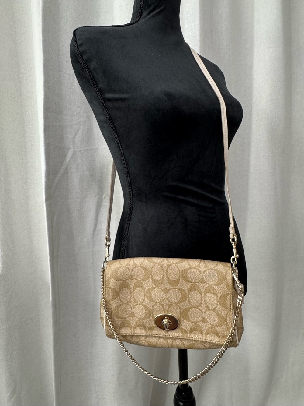 Coach Beige Signature Canvas Crossbody with Chain Strap